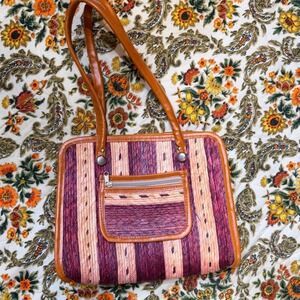 VTG 1960s Woven Straw Handbag Pink Burgundy Stripe Leatherette Trim Shoulder Bag